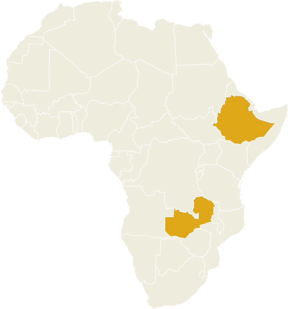Map of Africa with Zambia and Ethiopia marked